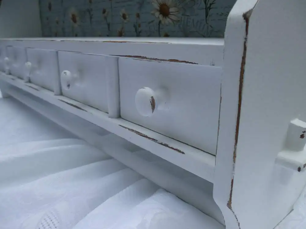 Wandregal Regal Holzregal Schubladen Handtuchstange Wandhaken Weiß Shabby Gänseblümchen Hängeregal Gewürzregal Küchenregal Landhaus  8