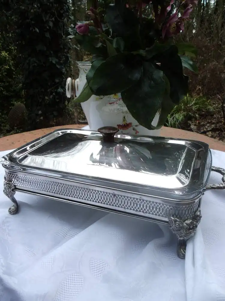 Auflaufform Lasagneform Wärmeschale Servierschale Glasschale Versilbert Servierer Schale Ofenform Metallständer Tischdeko Ständer Frankreich 1