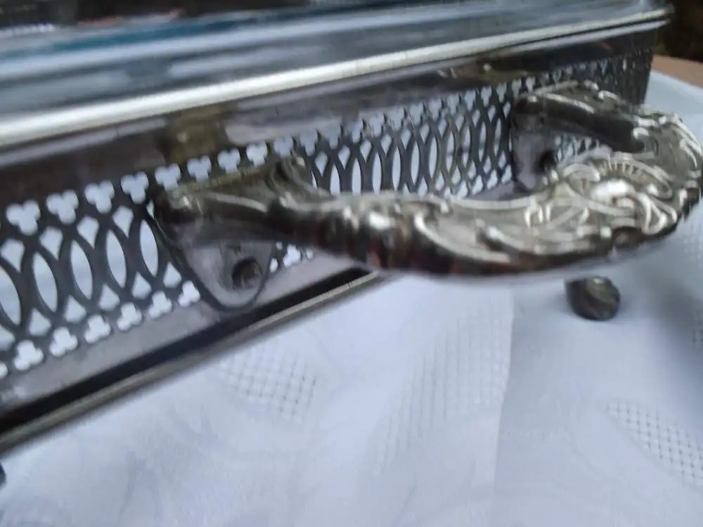 Auflaufform Lasagneform Wärmeschale Servierschale Glasschale Versilbert Servierer Schale Ofenform Metallständer Tischdeko Ständer Frankreich 10