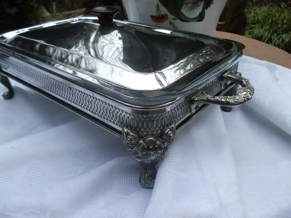 Auflaufform Lasagneform Wärmeschale Servierschale Glasschale Versilbert Servierer Schale Ofenform Metallständer Tischdeko Ständer Frankreich 12