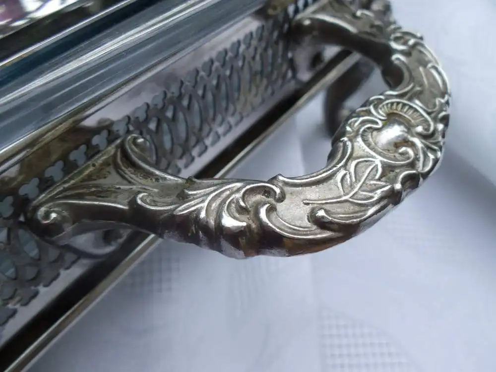 Auflaufform Lasagneform Wärmeschale Servierschale Glasschale Versilbert Servierer Schale Ofenform Metallständer Tischdeko Ständer Frankreich 7