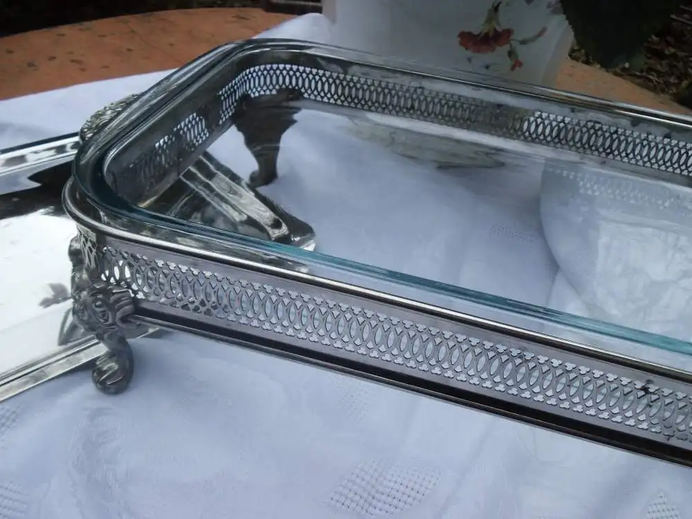 Auflaufform Lasagneform Wärmeschale Servierschale Glasschale Versilbert Servierer Schale Ofenform Metallständer Tischdeko Ständer Frankreich 8