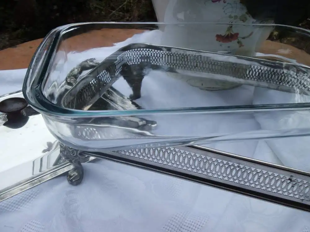 Auflaufform Lasagneform Wärmeschale Servierschale Glasschale Versilbert Servierer Schale Ofenform Metallständer Tischdeko Ständer Frankreich 9