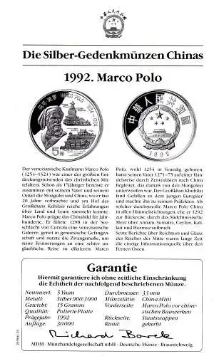 Silbermünze China 1992 "Marco Polo", 900er Silber