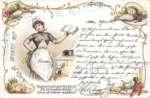 L414 Katharina Prato Kochbuch 1898 Kaninchen Schweine Hummer Entenfutter Litho Postkarte