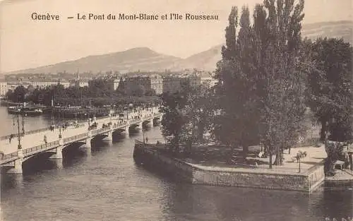 L100 Schweiz Genf Mont-Blanc Brücke und Insel Rousseau Vintage Postkarte
