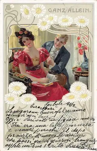 Jugendstil Paar Gänseblümchen floral 1901 Bozen Litho Vintage Postkarte