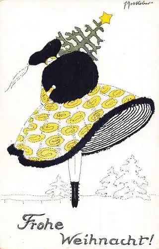 L398 Weihnachtsgrüße Dame Kleid Art Deco Baum signiert Vintage Postkarte