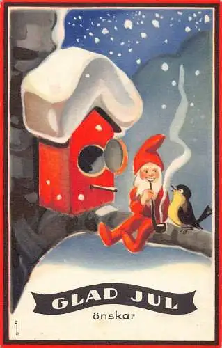 L398 Froh Jul Grüße Zwergpfeife rauchender Vogel Fantasy Vintage Postkarte