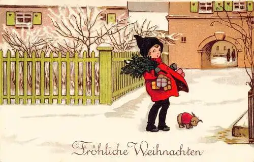 L398 Weihnachtsgrüße Junge Spielzeug Geschenke Welpe Hund Vintage Postkarte
