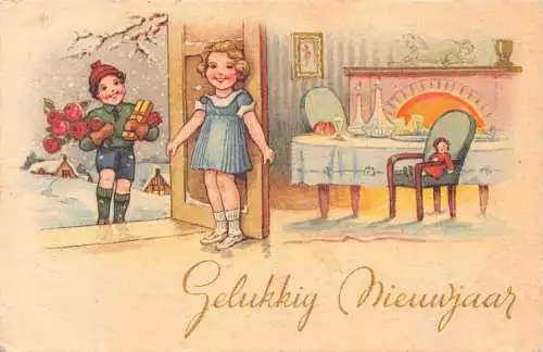 A218 Neujahrsgrüße 1957 Kinder Rosen Geschenke Spielzeug Kamin Postkarte