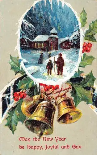 A052 Neujahr Menschen in der Kirche Glocke Mistelzweig Winterlandschaft geprägte Postkarte
