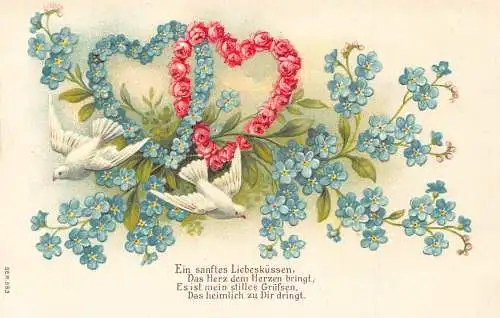 Liebesromantik Allegorische Herzen Tauben Paar Vergissmeinnicht Rosen geprägte Postkarte