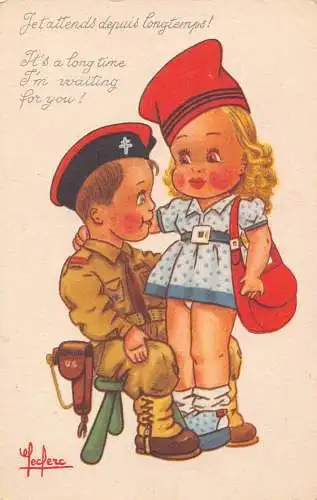 L150 Kinder Erwachsene Haltung Comic Humor signiert Leclerc Vintage Postkarte
