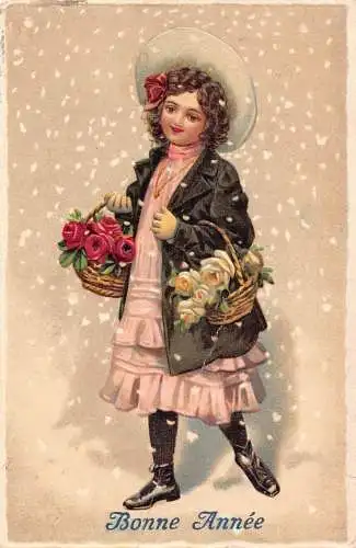 L150 Neujahrsgrüße 1909 Mädchen Rosen Korb geprägte Postkarte