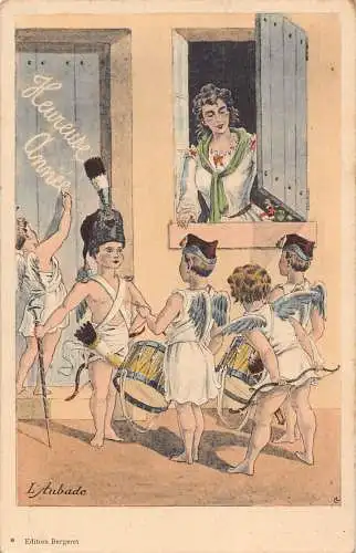 L150 Grüße Neujahr Cherubs singen Fantasy Vintage Postkarte
