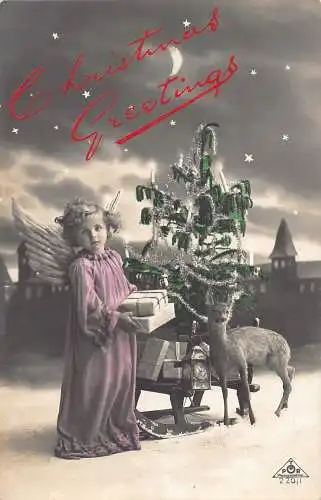 A054 Weihnachtsgrüße Fotomontage Engel Spielzeug Hirsch Baum Schlitten Stern Postkarte