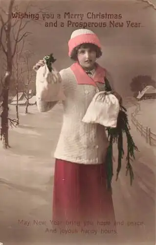 A054 Weihnachten Frau hält Säcke Tannenzweig Schneelandschaft Montage Postkarte