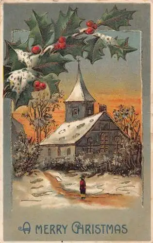 A054 Weihnachtsgrüße Mistel Schnee Kirche Sonnenuntergang geprägte Postkarte