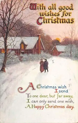 A055 Weihnachtsgrüße 1918 Paar spaziert im Schnee Sonnenuntergang Häuser Schnee Postkarte