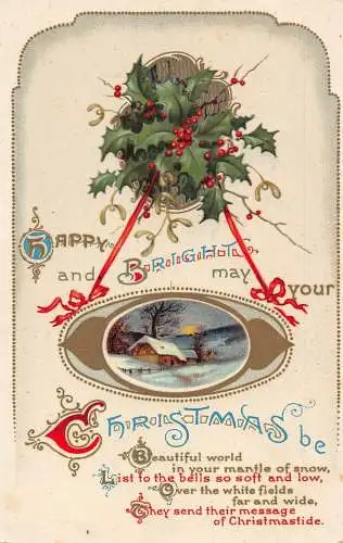 A055 Weihnachtsgrüße Mistelzweig hält Schnee Landschaft Schild Gedicht Postkarte