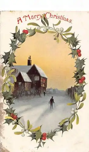 A054 Weihnachtsgrüße Mistelrahmen Dorf in Schneelandschaft Postkarte