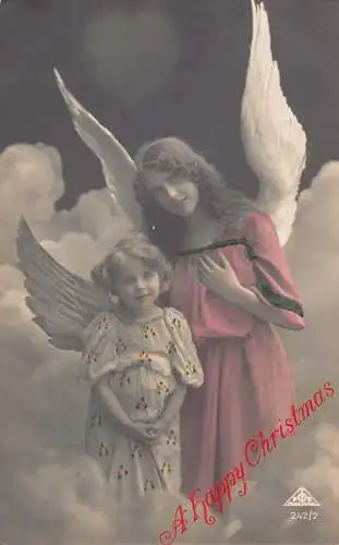 A054 Weihnachtsgrüße Mädchen mit Engelsflügeln Wolken Fotomontage Postkarte