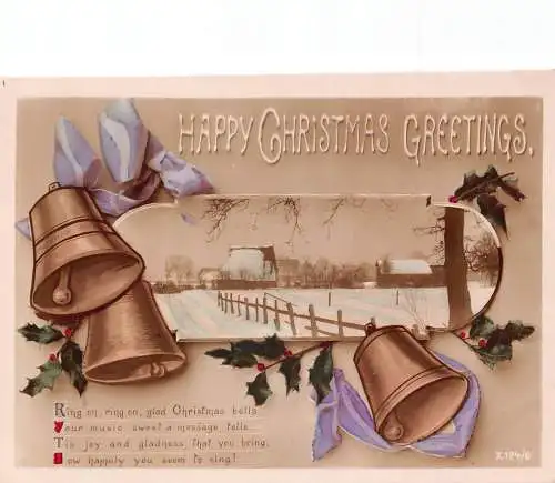 A053 Weihnachtsgrüße Glocken Mistelzweig Winter Landschaft Bänder Postkarte