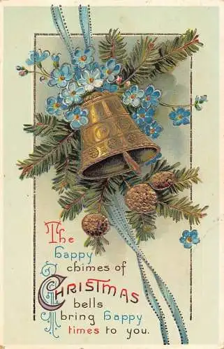A054 Weihnachten Golden Bell Tannenzapfen Vergissmeinnicht Blumen Prägepostkarte