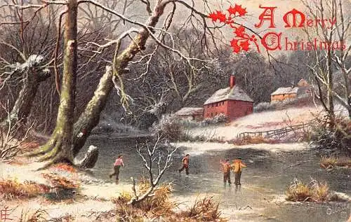 A053 Weihnachten 1906 Der Glanz des Winters Gemälde signiert Kinder spielen Postkarte
