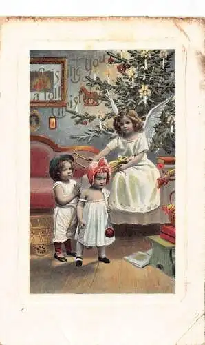 A054 Weihnachtsgrüße Kinder Engel Kerzen im Baum Spielzeug Vintage Postkarte