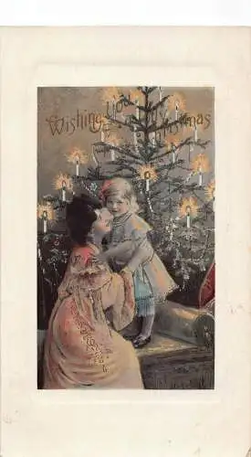 A054 Weihnachtsgrüße Mutter und Tochter Sofa Kerzen Baum Vintage Postkarte