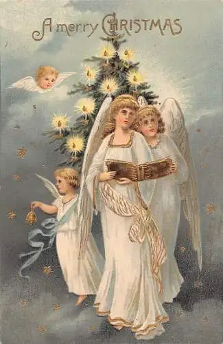 A054 Weihnachtsgrüße Engel Glocke Kerzen im Baum geprägt Vintage Postkarte