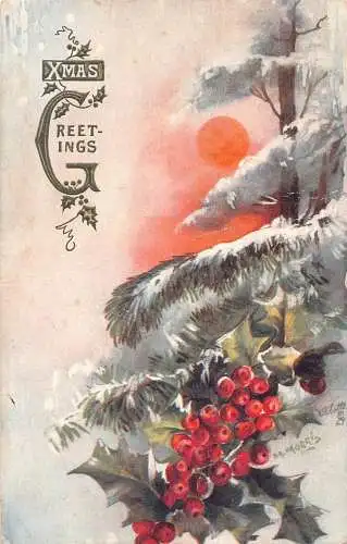 A054 Weihnachten Holly Time Gemälde signiert M Morris Mistel Sonnenuntergang Postkarte
