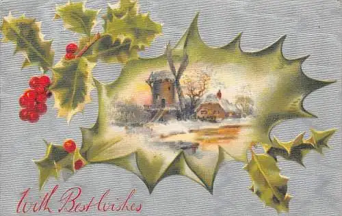 A053 Weihnachten strukturiert silber Hintergrund Mistelzweig Windmühle Haus Schnee Postkarte