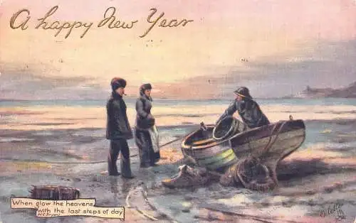 A052 Neujahr Fluss Fischer Boot Strand Meer Sonnenuntergang Gemälde signierte Postkarte