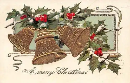 A053 Weihnachten 1906 Goldene Glocken Mistelzweig im Schnee geprägte Postkarte
