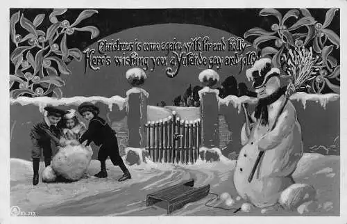 A053 Weihnachten 1910 Schneemann Champagner Besen Kinder Schlitten Mistelzweig Postkarte