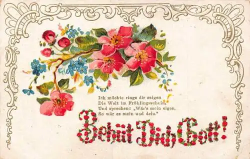 Gott sei mit dir 1918 Wildrosen Vergissmeinnicht Frühlingsgedicht Prägepostkarte