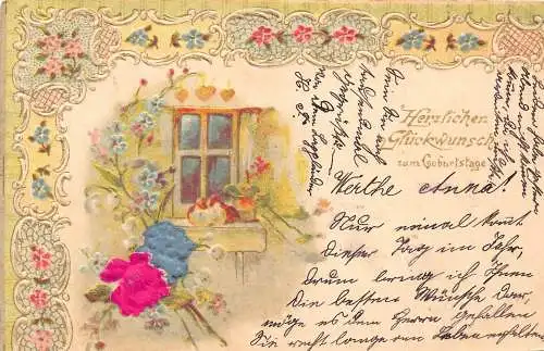 Geburtstagsgrüße Blumen Vergissmeinnicht Fenster Seidenrosen geprägt Postkarte
