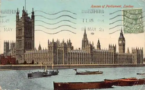 L138 Großbritannien 1921 House of Parliament London Boote Big Ben Postkarte