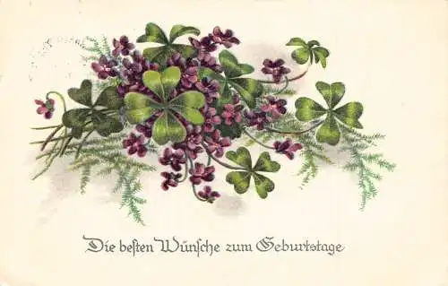 Geburtstagsgrüße 1937 Primeln und Kleeblätter Vintage Postkarte