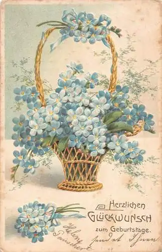 Geburtstagsgrüße Vergissmeinnicht Blumenkorb geprägte Postkarte