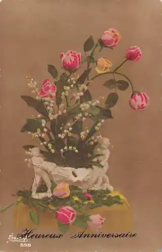 A062 Heureux Jubiläum Geburtstagsgrüße Rosen Blumen in Vase Postkarte