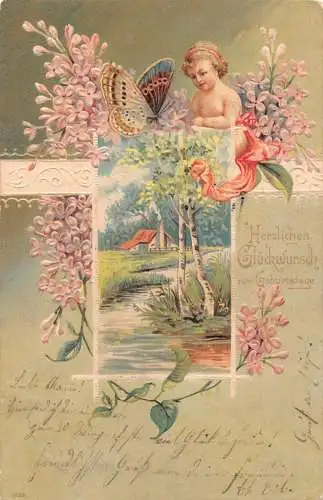 A062 Geburtstagsgrüße 1905 Flieder Blumen Schmetterling Landschaft geprägte Postkarte