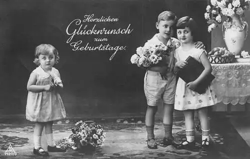 A061 Geburtstagsgrüße Kinder Fotomontage Blumenstrauß Postkarte