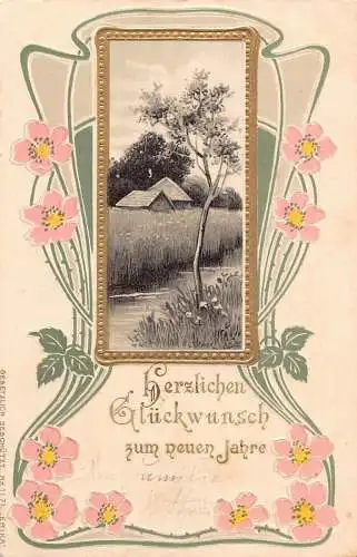 A062 Neujahrsgrüße 1905 Kirschblumen Jugendstil Passepartout Postkarte