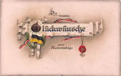 A061 Namenstag Grüße 1916 Feldpost 1. Weltkrieg Viel Glück Fahne Bänder Postkarte