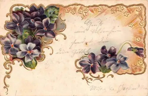 A061 Grüße 1904 Veilchen lila Blumen geprägt Vintage Postkarte