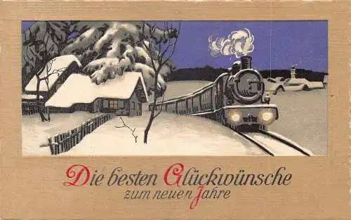 A061 Neujahrsgrüße 1914 Dampfzug Schneelandschaft Passepartout Postkarte